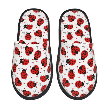 Balery Ladybug And Heart Slient Indoor Furry Fleece Comfort House Shoes Soft Non-Slip Home Shoes Cotton slippers House Slippers-- Large