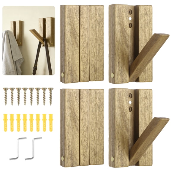 4PCS Foldable Wall Hooks, Wooden Folding Coat Hooks, Piano Key Wall Mounted Racks, Decorative Towel Robe Hat Bag Holders for Bathroom, Bedroom, Entrance