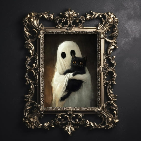 Cute Ghost Hugs Black Cat Canvas Poster Ghost Vintage Print Wall Art Painting For Halloween Cottagecore Dorm Room Living Room Home Decor Unframed