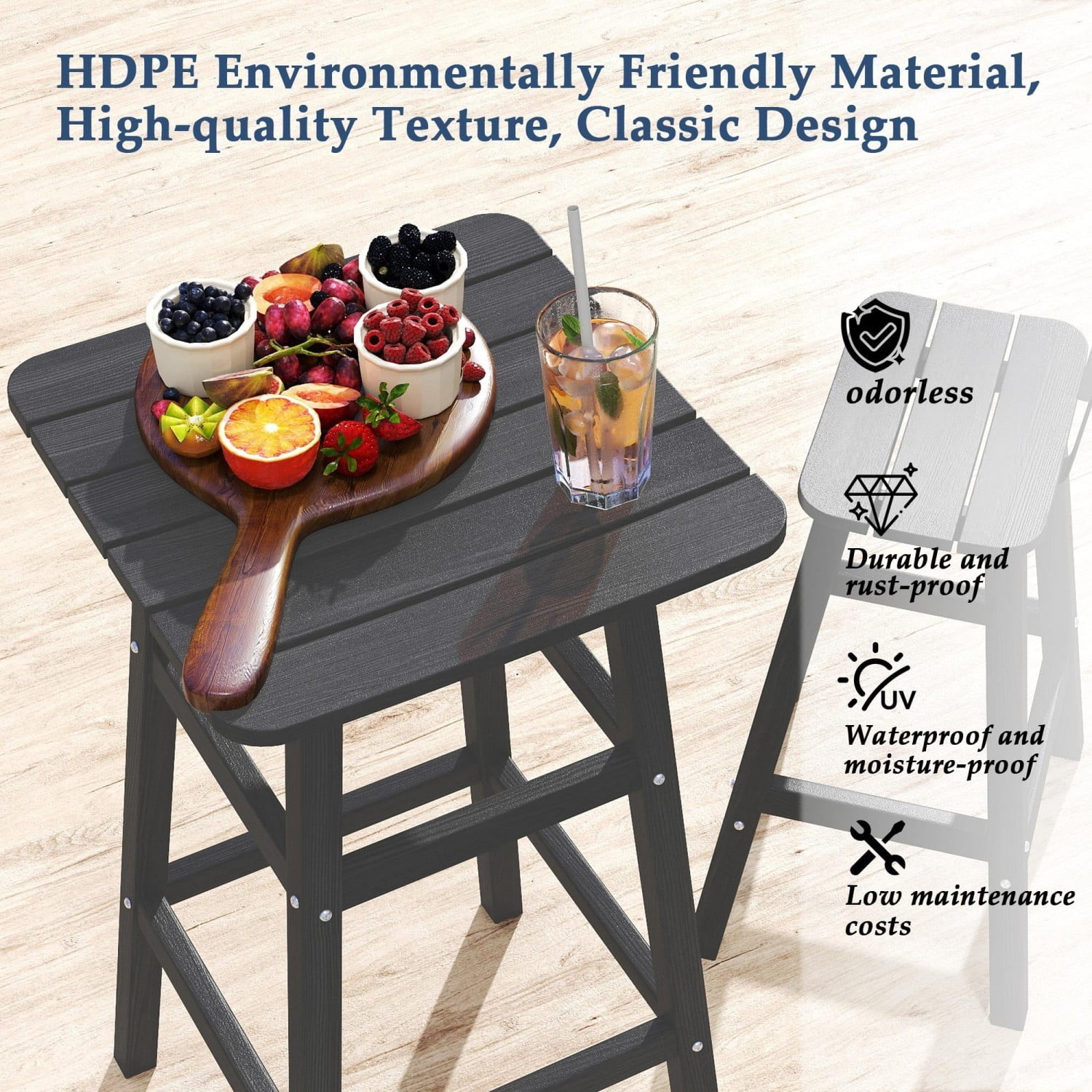 3 Piece Outdoor Counter Height Bar Table Set, 42" Bistro Pub Table with 2 Stools, HDPE Weather Resistant Patio Furniture Set, Black