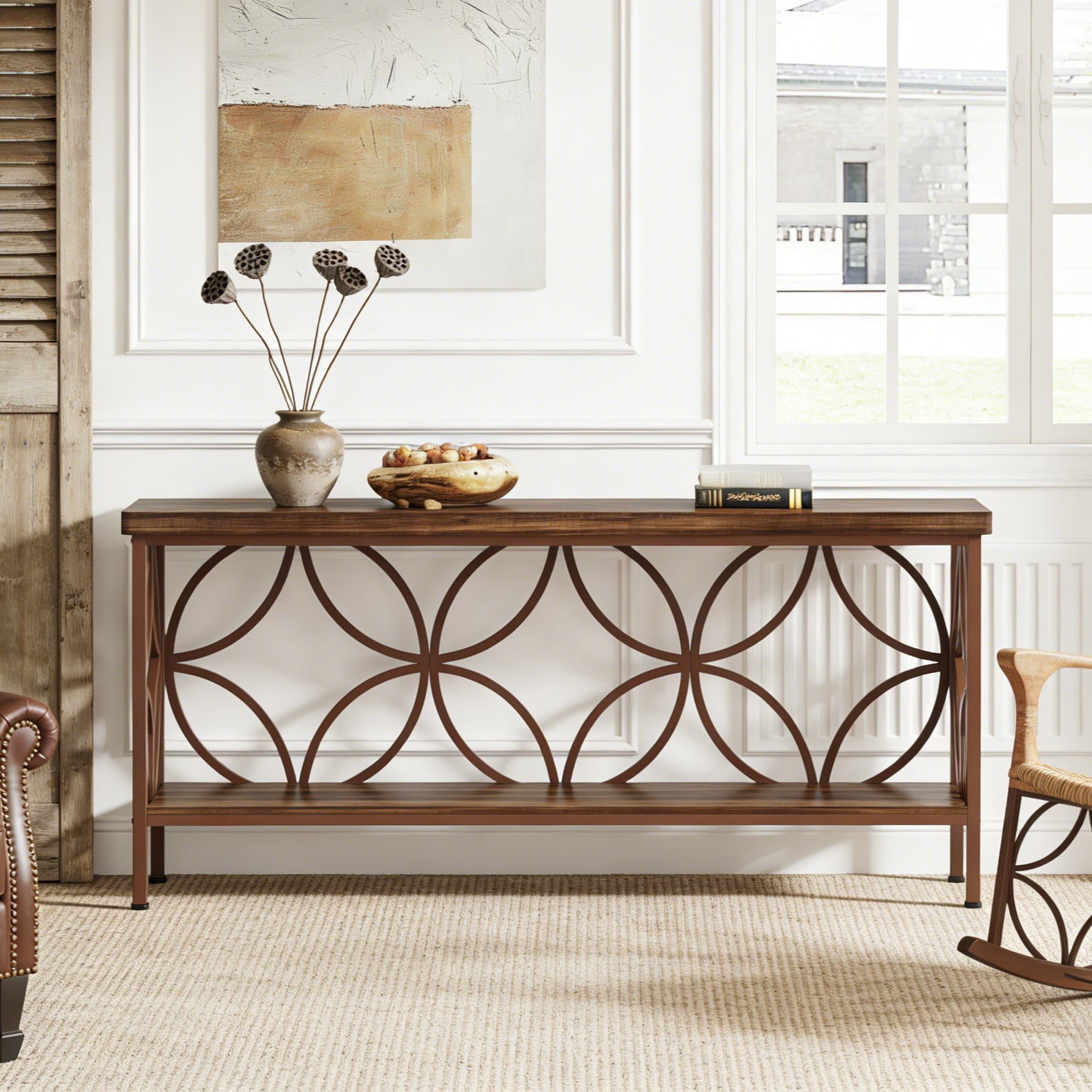 Fnova 70.9" Industrial Console Table, 2-Tier Wood Storage Narrow Sofa Table, Behind Couch with Metal Frame, for Living Room, Entryway, Foyer, Easy Assembly