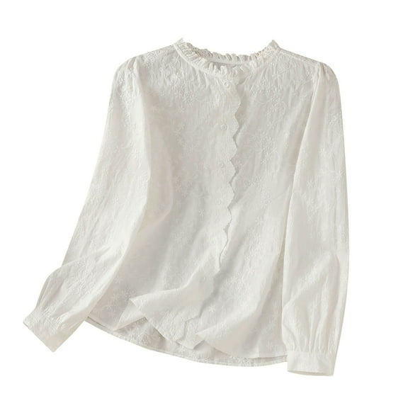 Charella Button down Shirts for Women Embroidery Ruffle Crew Neck Long Sleeve Tops Casual Loose Blouses (XL, White)