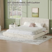 Vanress King Cloud Bed Frame with Headboard and Sliding Side Trays, Upholstered Platform Bed Frame with Floating Base, 8'' Cloud Upholstered Sponge Cushion, No Box Spring Needed, Off-White