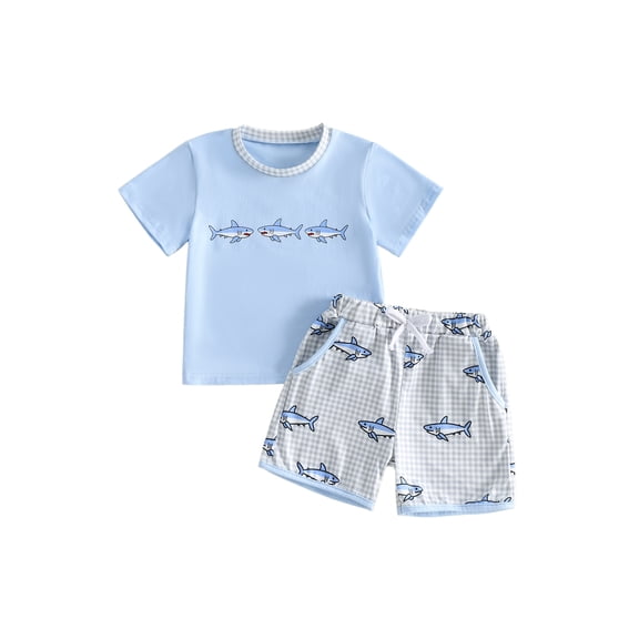 BemeyourBBs Kids Toddler Baby Boy Summer Clothes Baby Boys Fishing Outfit Short Sleeve Embroidery Shark T shirt with Plaid Pockets Shorts Set Toddler Boy Summer Outfit