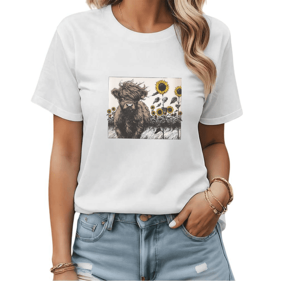 White Print Tshirt Graphic Tees Shirts Highland Cow Sunflower Field Street Style Cute Casual Wear S-5XL Tops