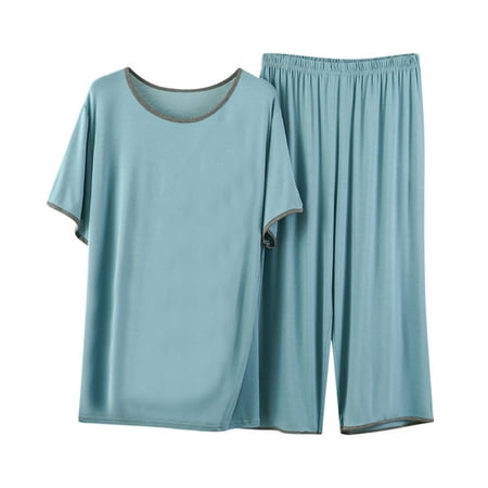 Mrat Nightgowns for Women Soft Cotton Thin Pajamas Loose Towel Robe for Women Crotchless Lingerie Lingerie Sets Crotchless Nightwear Ice Silk Short Sleeved Capris Home Clothing Set Light Blue 2XL