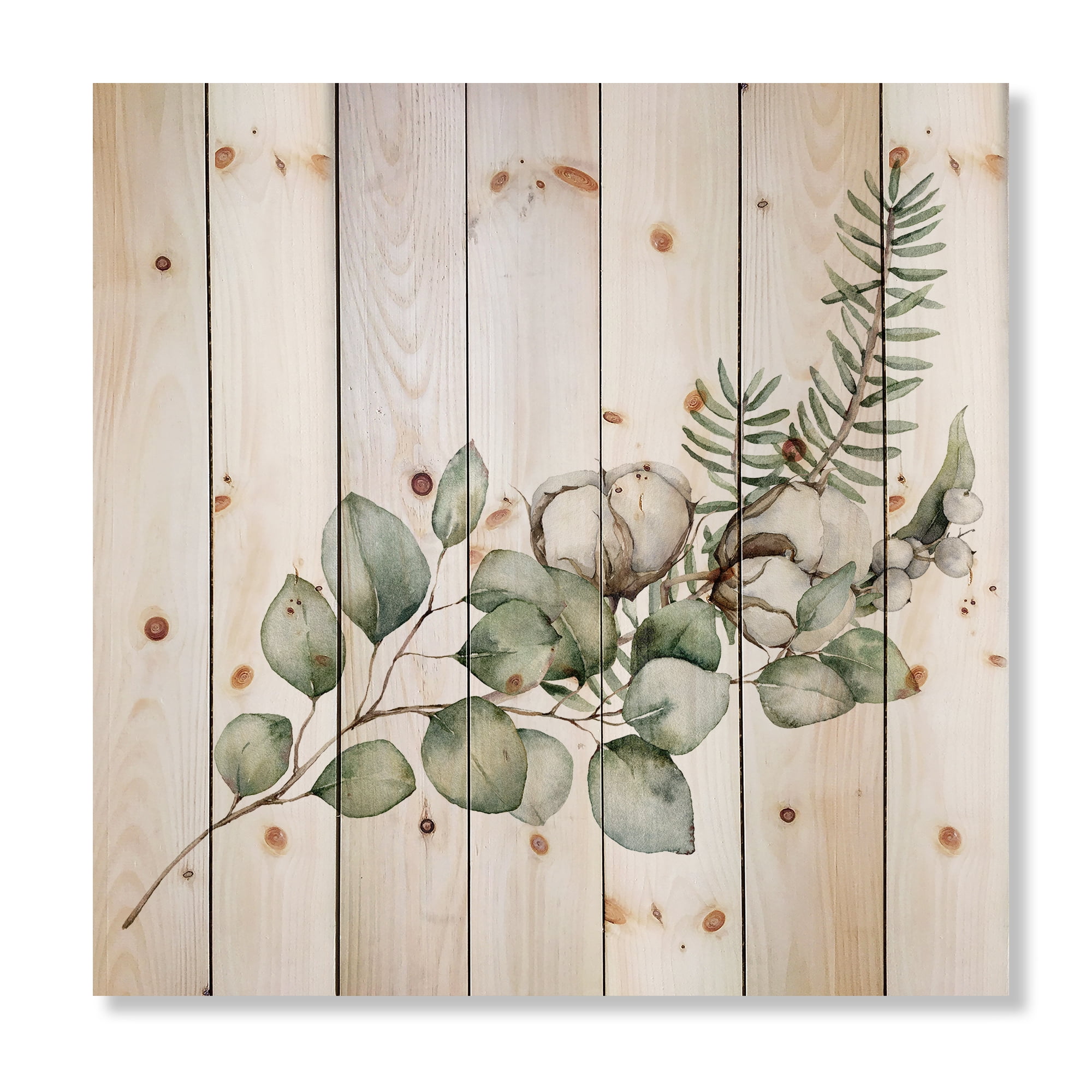 Designart 'Eucalyptus Branches With Christmas Bouquet' Traditional Print on Natural Pine Wood