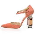 thumbnail image 2 of FSJ Women Sexy Crystal Sturdy Block High Heels Pumps Pointed Closed Toe Ankle Strap Adjustable Double Buckle Strap D'Orsay Sandals Party Wedding Shoes Size 9 Coral, 2 of 4