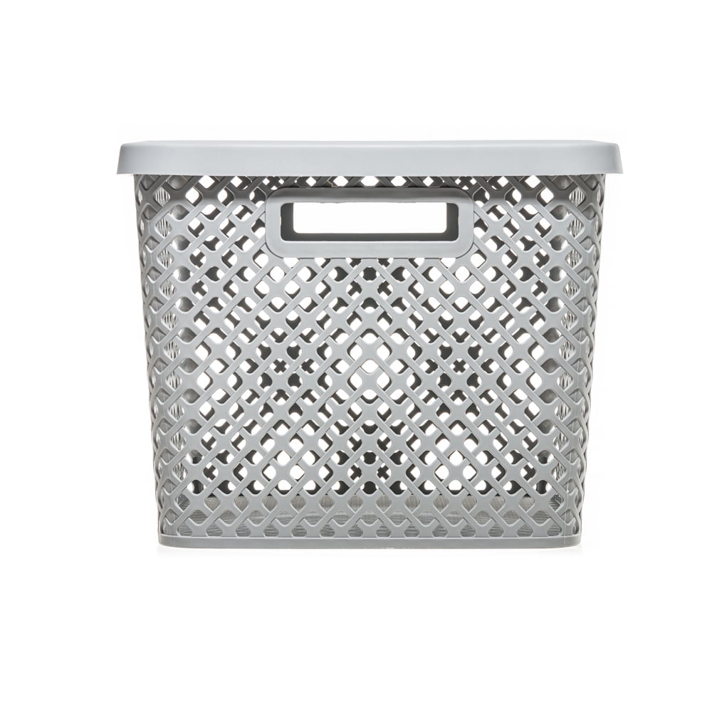 Mainstays Extra Large Decorative Plastic Storage Basket with Lid, Gray