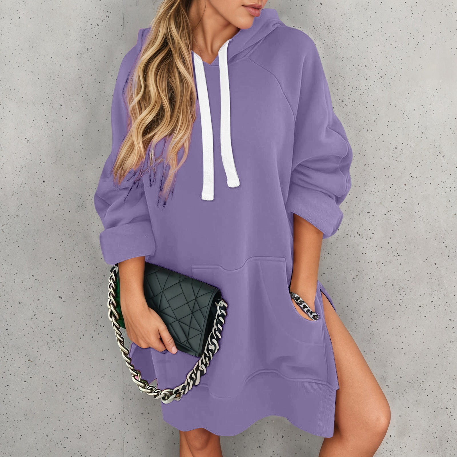 Telankuip The Warmy Oversized Hoodie Dress Women's Casual Long Sleeve Drawstring Pullover Sweatshirts Solid Color Split Hem Long Hooded Tops with Pocket Purple XL