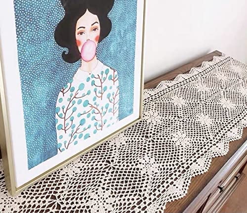 Beige Lace Rectangular Table Runner Dresser Scarf Hand Crochet Doily 15x35inch 