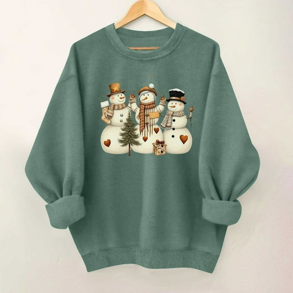 SYMOID Womens Christmas Green Snowman Print Sweatshirt, Loose Fit Crewneck Cotton Long Sleeve Holiday Apparel,Size S