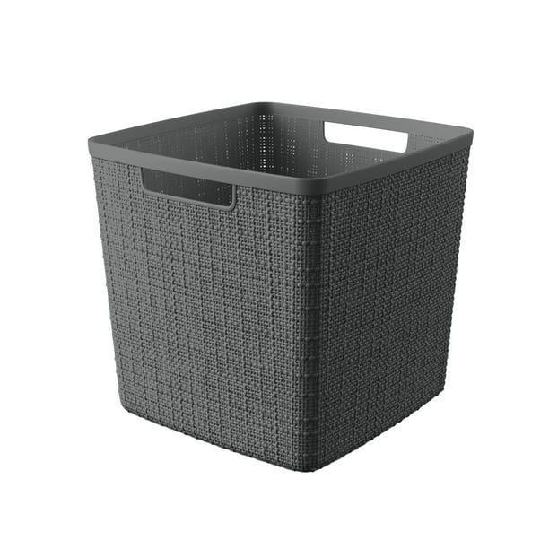 Curver Jute 11" Cube Basket, Resin Plastic Storage Bin, Grey Flannel, 4