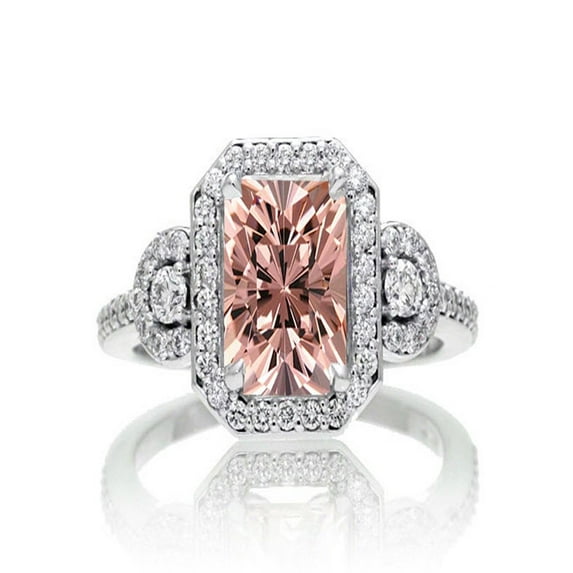 2 Carat Emerald Cut Morganite and White Diamond Halo Engagement Ring on 10k White Gold
