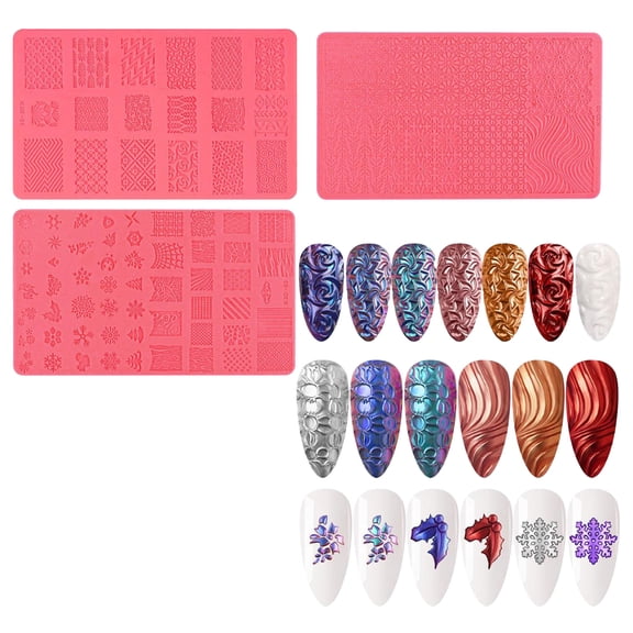 3pcs Mix Nail Art Silicone Printing Template Nail Mold 3D Soft Silicone Carving Mold Sculpture Stamping Stencils 3D Relief Decorating Manicure Tool