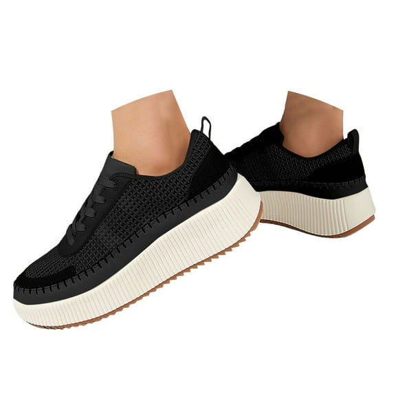 Mepaouo Retro Platform Sneakers for Women Lace up Casual Walking Outdoor Running Canvas Shoes(Black,8)