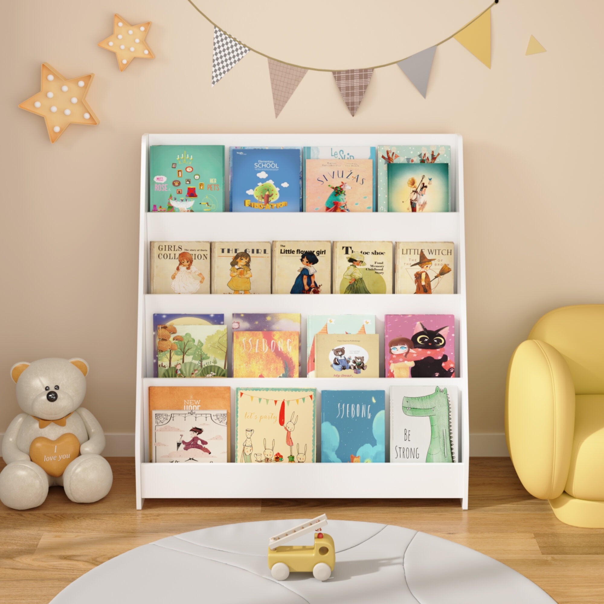 Toddler Bed Baby Furniture, 4-Tier Kids Bookshelf, Toddler Book Display Shelves, Helps Keep Bedrooms, Playrooms, and Classrooms Organized,White, White Kids Furniture,Mdf Kids Furniture