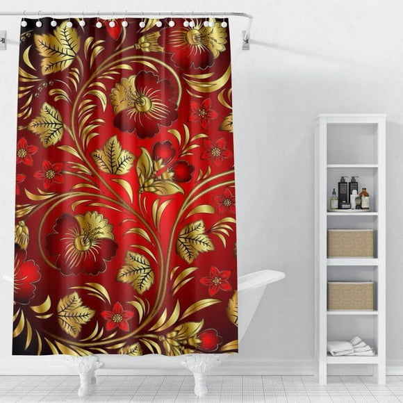Floral Shower Curtain,Red Gold Flower Leaves Printed Bathtub Showers Waterproof Polyester Design Decorative Bathroom with 12 Hooks 72*72"