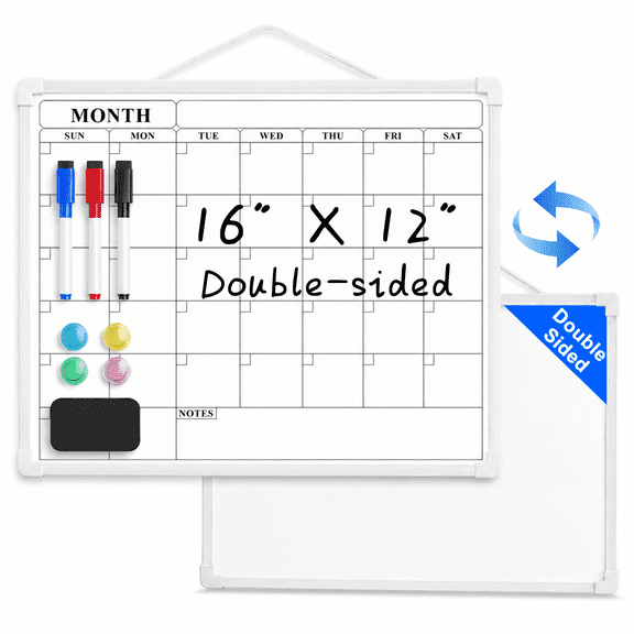 Monthly Calendar Whiteboard, 16 x 12 in Magnetic Dry Erase Board, Double-Sided White Board Calendar for Wall, Home, Office, Kitchen and School
