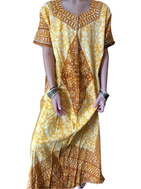 Mogul Women Maxi Dresses Yellow Batik Printed Nightwear Housedress Loose Cotton Evening Maxi Caftan Dresses L