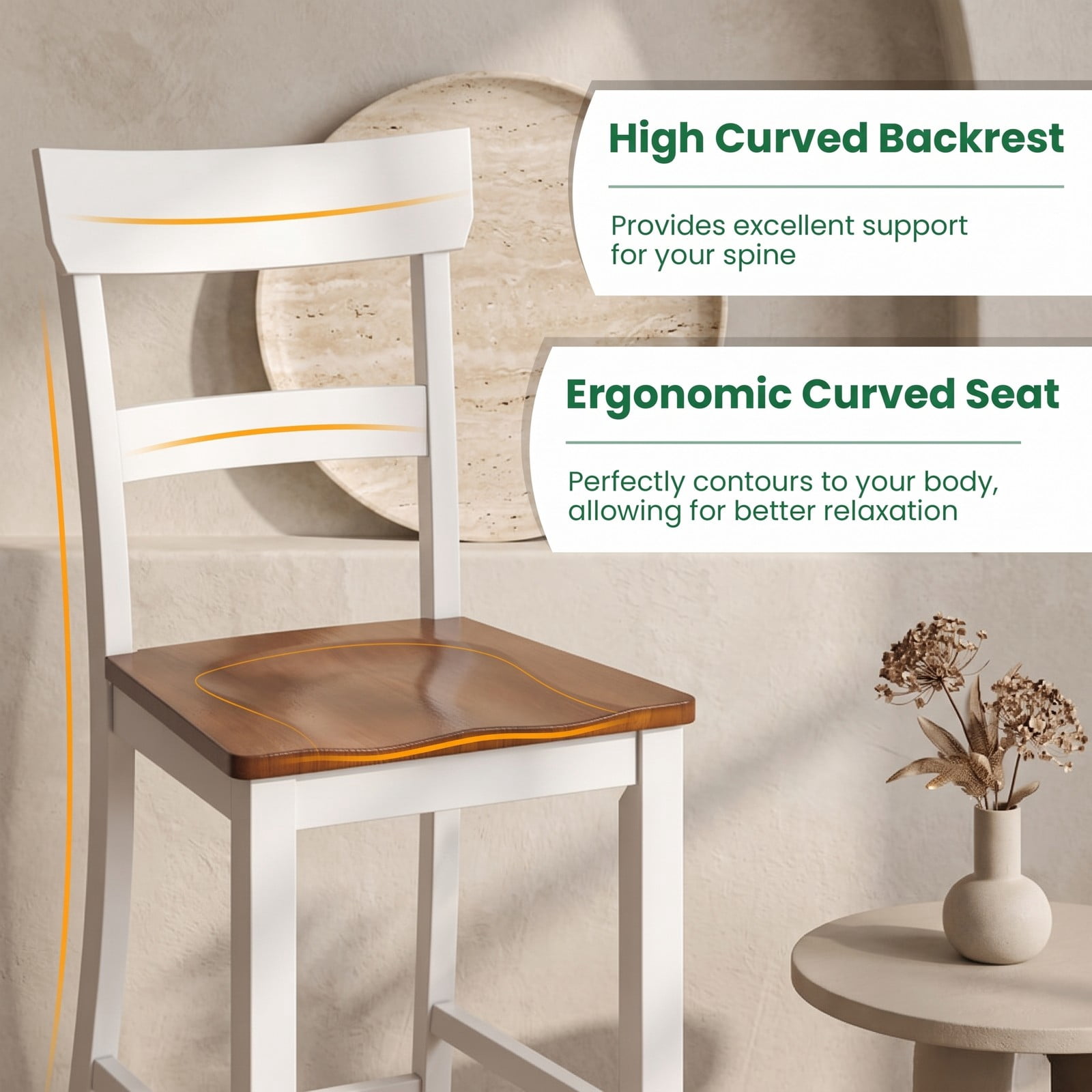 Furnibear Farmhouse Bar Stool Set of 2, 24.5 Inch Counter Height Stools with Solid Rubber Wood Frame, Curved Backrest and Footrest, Armless Dining Barstools for, White