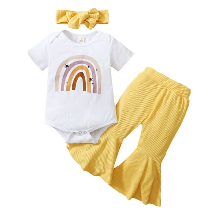 

Gzhioc Newborn Infant Baby Girl Clothes Set Rainbow Romper Bodysuit Flare Pant Bell-Bottom Summer Outfit 3Pcs Pink/Yellow 0-18 Months