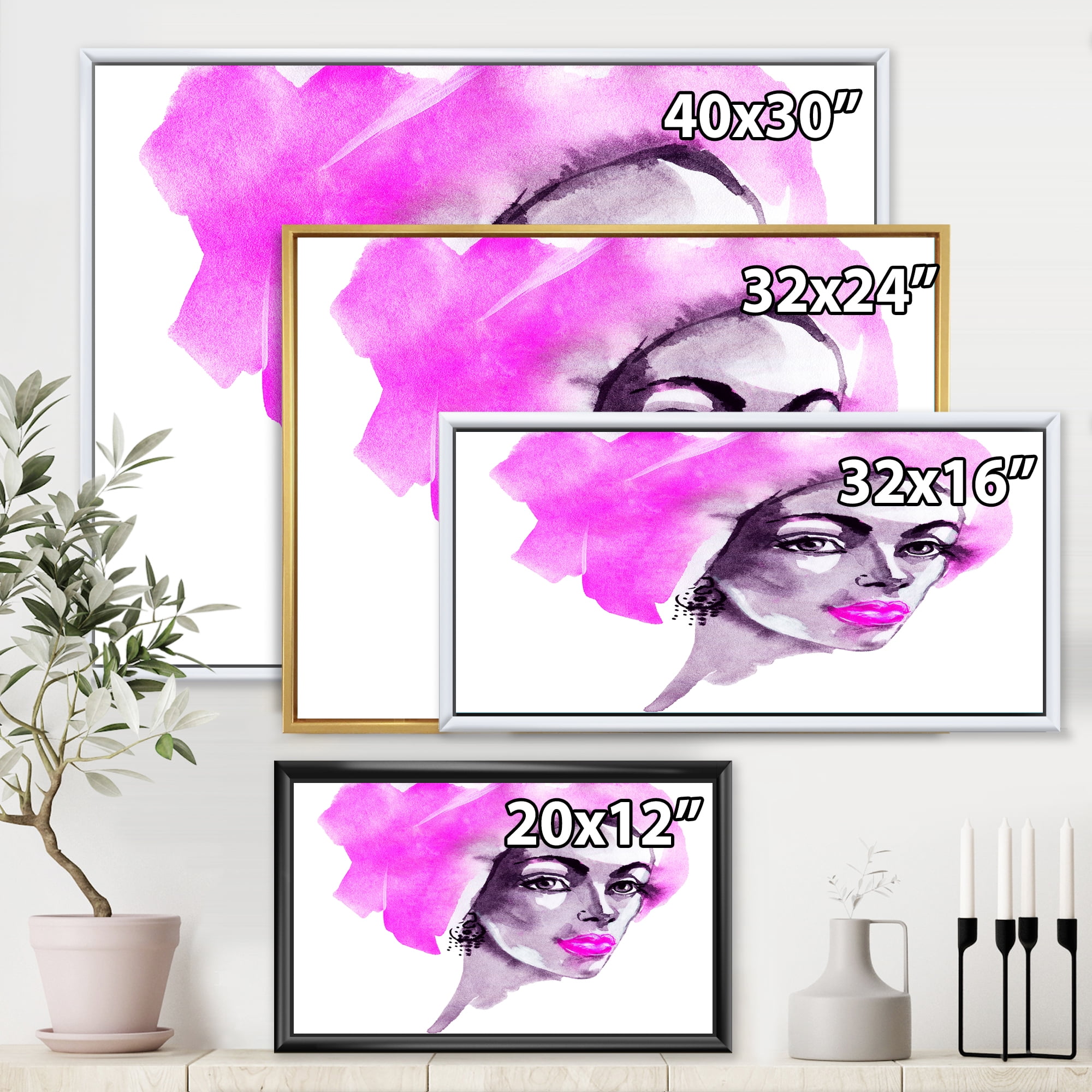 Designart 'Afro American Pink Woman Fashion Portrait' Modern Framed Canvas Wall Art Print