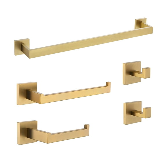 ANZZI Bathroom Accessories Set with Shower Rod, Towel Bar, Ring, Toilet Paper Holder & Robe Hooks Satin Brass