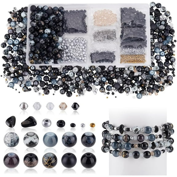 1200pcs Glass Beads Bracelet Making Kit 4-8.5mm 22 Assorted Styles Round Marble Loose Beads Spacers for DIY Craft Necklace Bracelet Earring Jewelry Making Black
