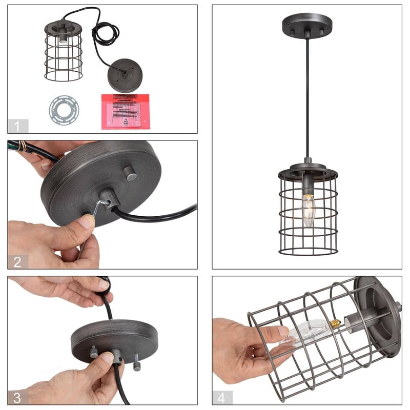 LNC Prosody Industrial Cage Pendant Light in Brushed Silver, Adjustable Hanging Fixture