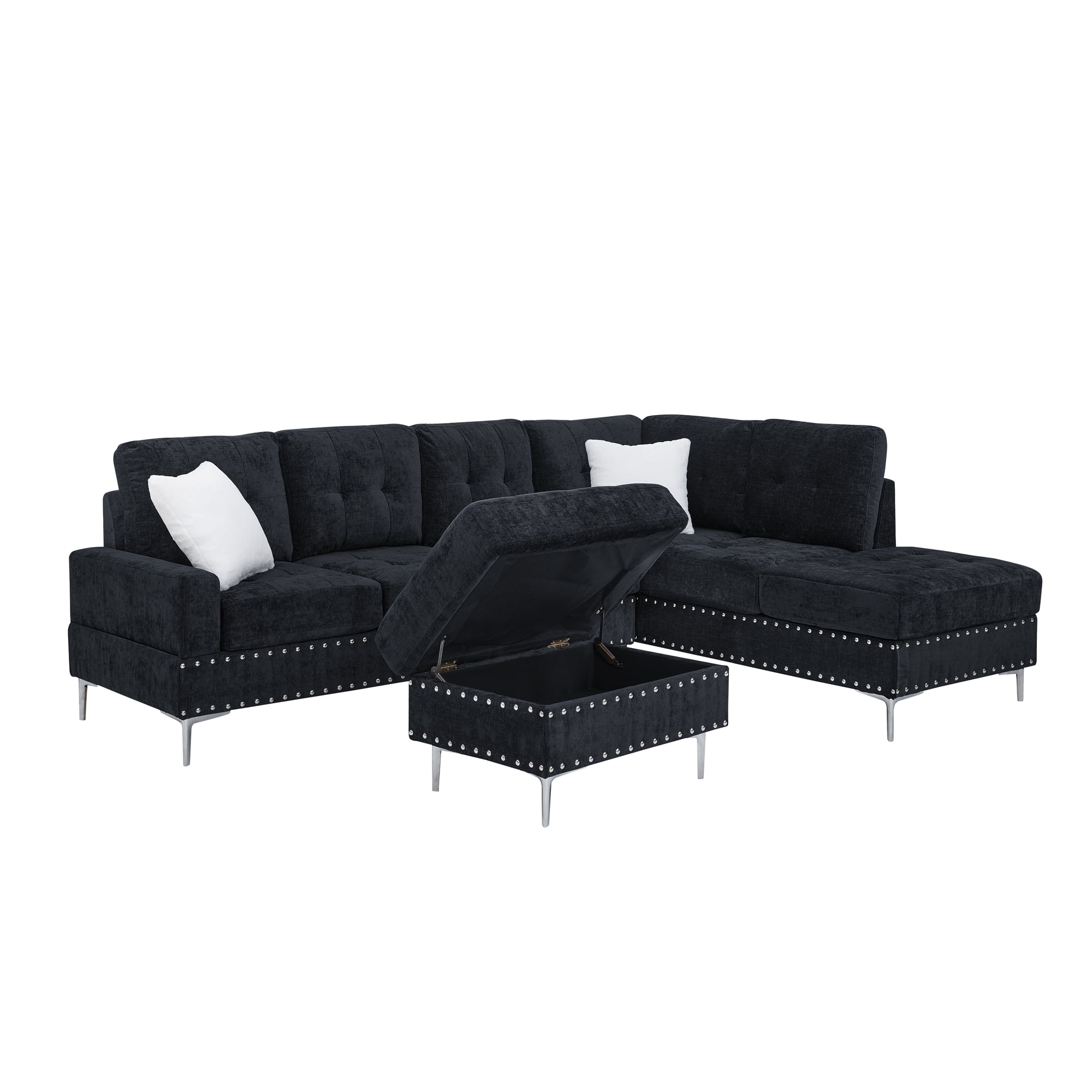 Aukfa Chenille L-Shaped Sectional Sofa with Storage Ottoman, 102" 3 Seater Couch with Chaise, Blue