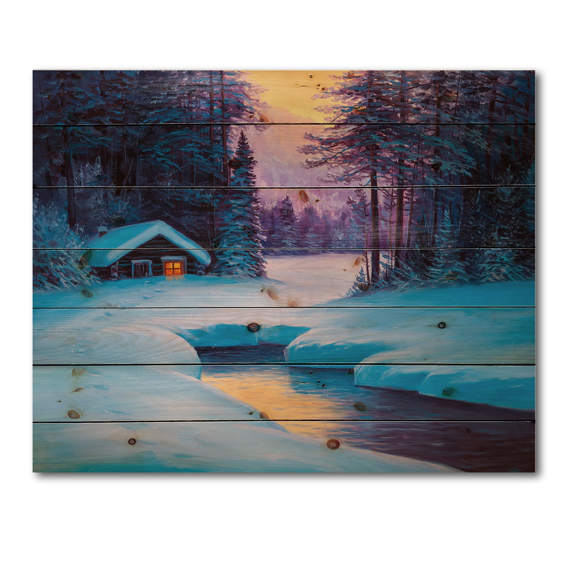 Designart 'Old Cabin In Winter Forest In Evening Glow II' Traditional Print on Natural Pine Wood