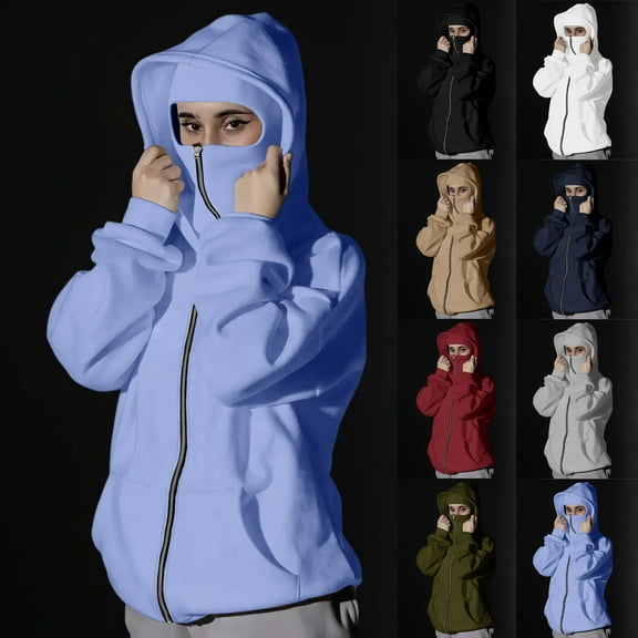 CFLVAEK Womens Zip Up Hoodies with Face Mask Loose Long Sleeve Hoodie Fall Winter Windproof Solid Color Sweatshirts with Pockets Army Green L