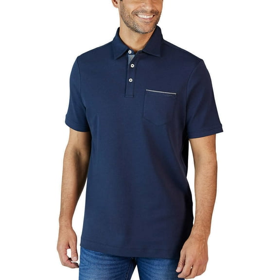 Tahari Mens Soft Knit Two Button Chambray Placket Polo, Navy, Medium