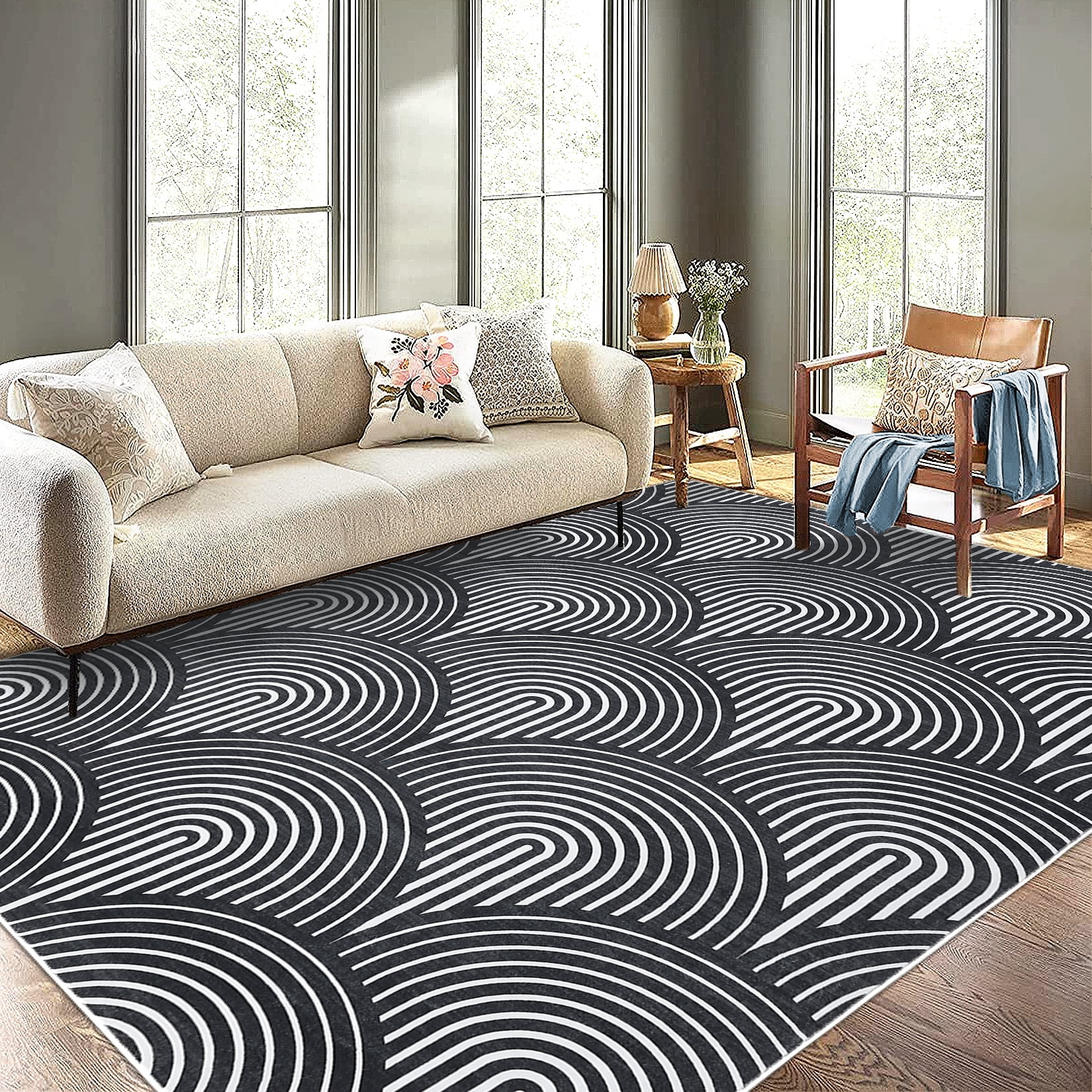 HOMERRY Area Rugs 9' x 12' for Living Room Washable Black Lines Print Rug Contemporary Abstract Soft Foldable Thin Floor Cover for Bedroom