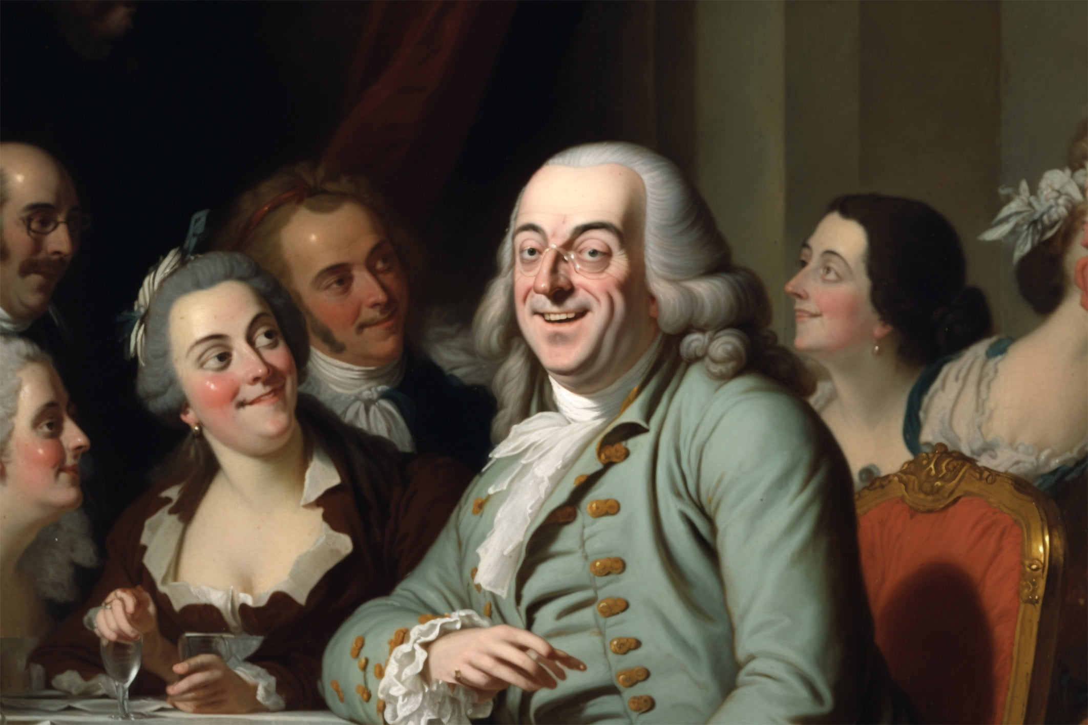 24x36 gallery poster, Benjamin Franklin entertaining aristocratic women ...