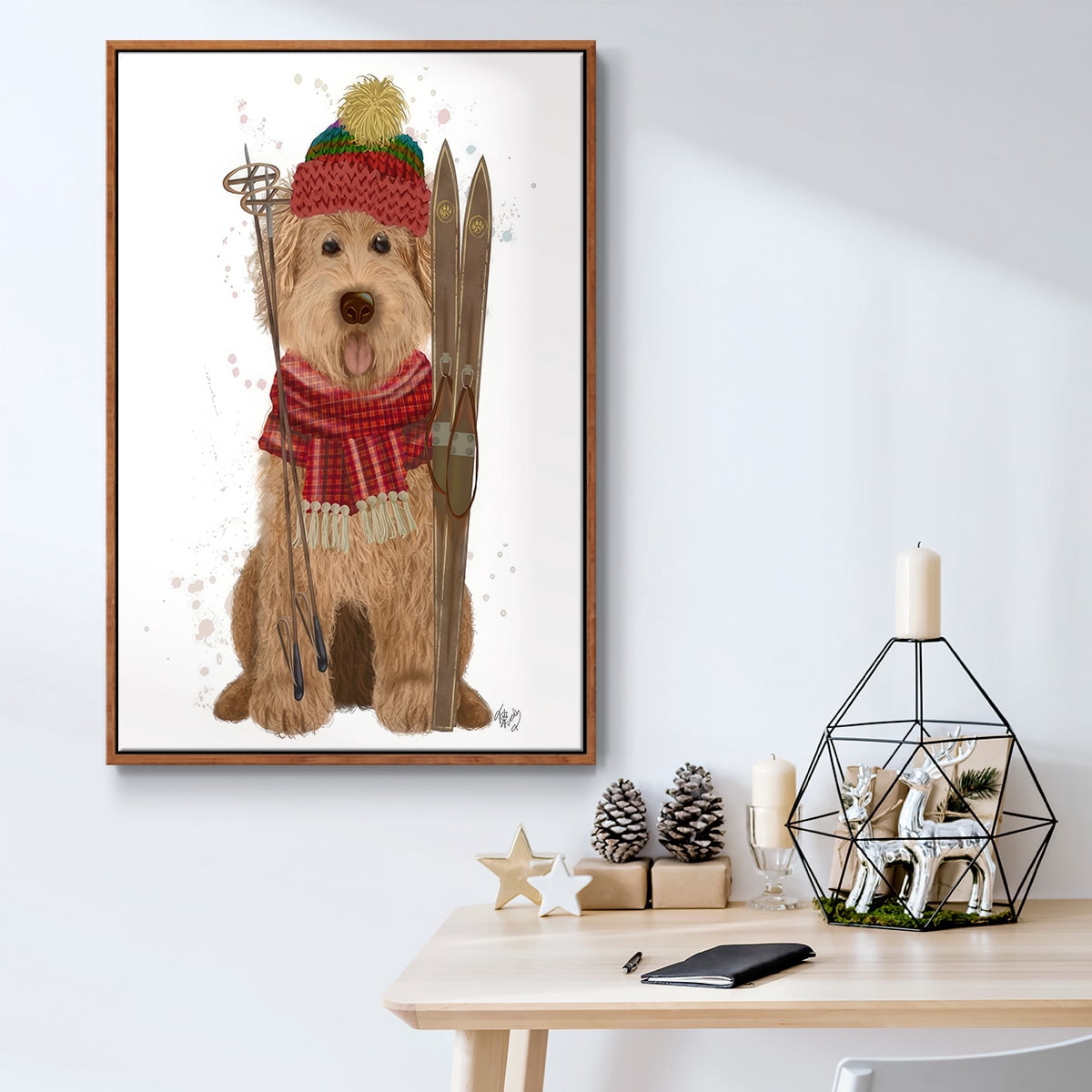 Goldendoodle Ski Dog - Framed Gallery Wrapped Holiday Canvas - 25 x 37 - Rosewood Frame