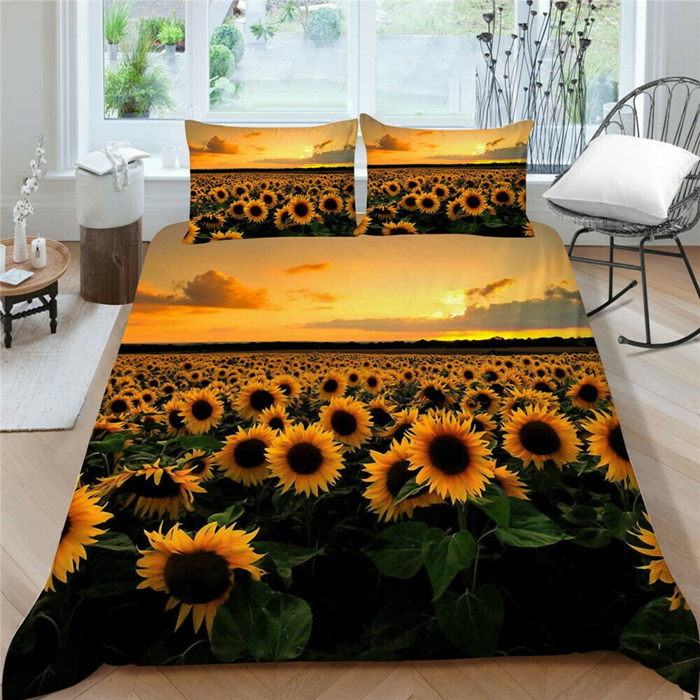 Kepooman 100% Brushed Microfiber Duvet Cover Set, 3 Pieces Super Soft Sunflower Printed Bedding Set, Full Size