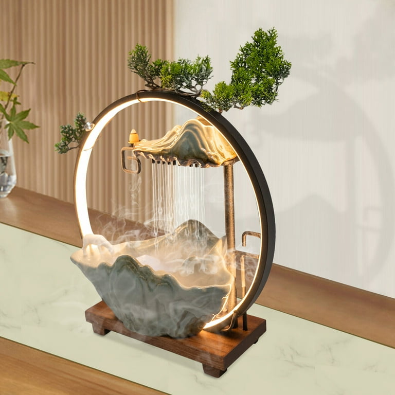 Miumaeov Tabletop Water Fountain Indoor Fake Plants Waterfall Zen Feng Shui Decorwith Mist LED