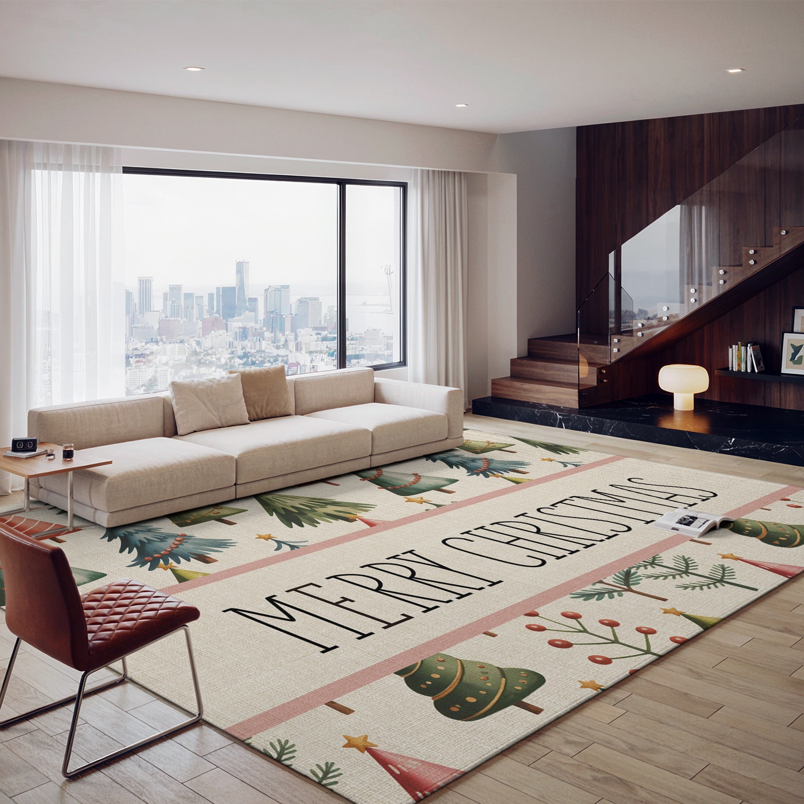 8x10 Area Rugs for Living Room Christmas Washable Rugs Non-Slip Indoor Carpet for Dining Bedroom Winter Watercolor Xmas Pine Trees on Linen Soft Low-Pile Floor Mat for Office Playroom