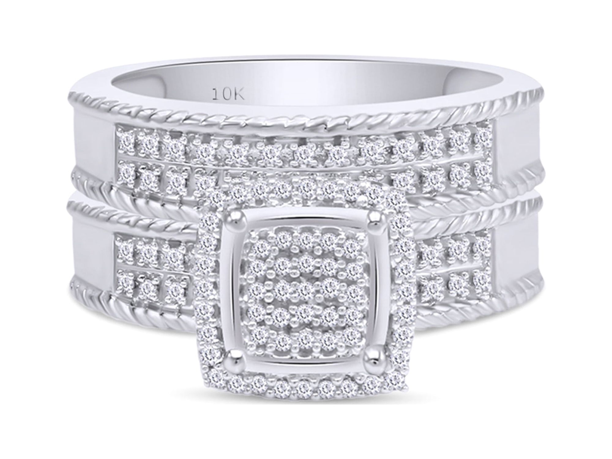 AFFY 1/3 Carat Round Cut White Natural Diamond Engagement & Wedding Women's Bridal Ring Set In 10k White Gold (Color I-J, Clarity I2-I3, 0.33 Cttw) Ring Size- 8.5