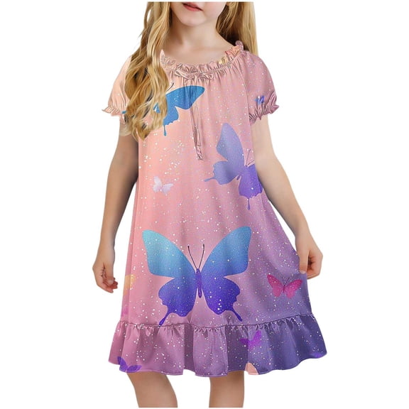 Edvintorg Girls Fashion Printed Loose Fit Lightweight Crew Neck Short Sleeve Casual Dresses Size 4-15