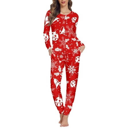 

Pzuqiu Skin Friendly Sleepwear for Women Pajama Set of 2PCS-Loose Fitting Pjs Top and Pants O Neck Snowflake Christmas Bell Theme Elastic Nightwear with 2 Pockets Size S