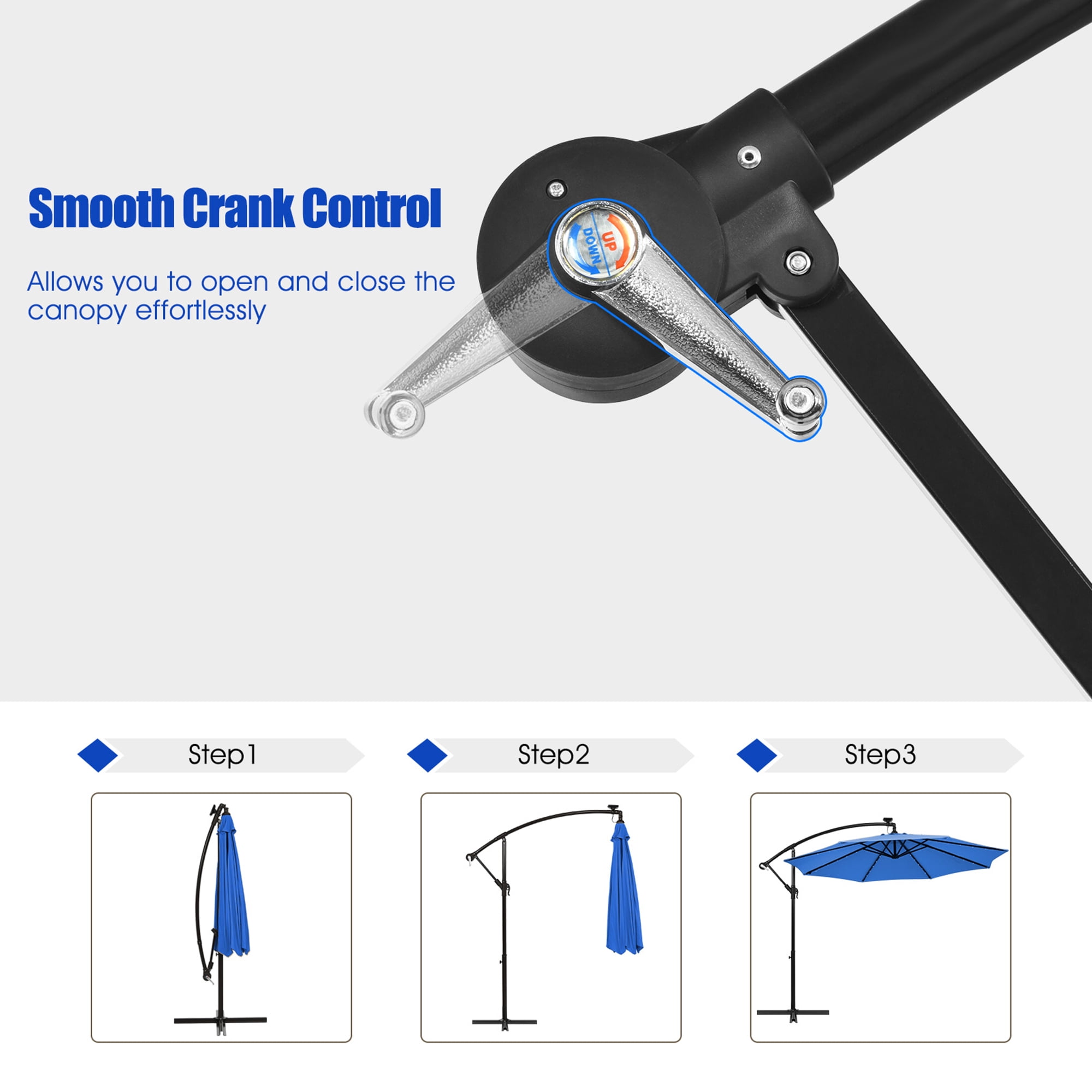 Gymax 10ft Solar Patio Umbrella Outdoor Offset Hanging Umbrella w/ 40 LED Lights Blue