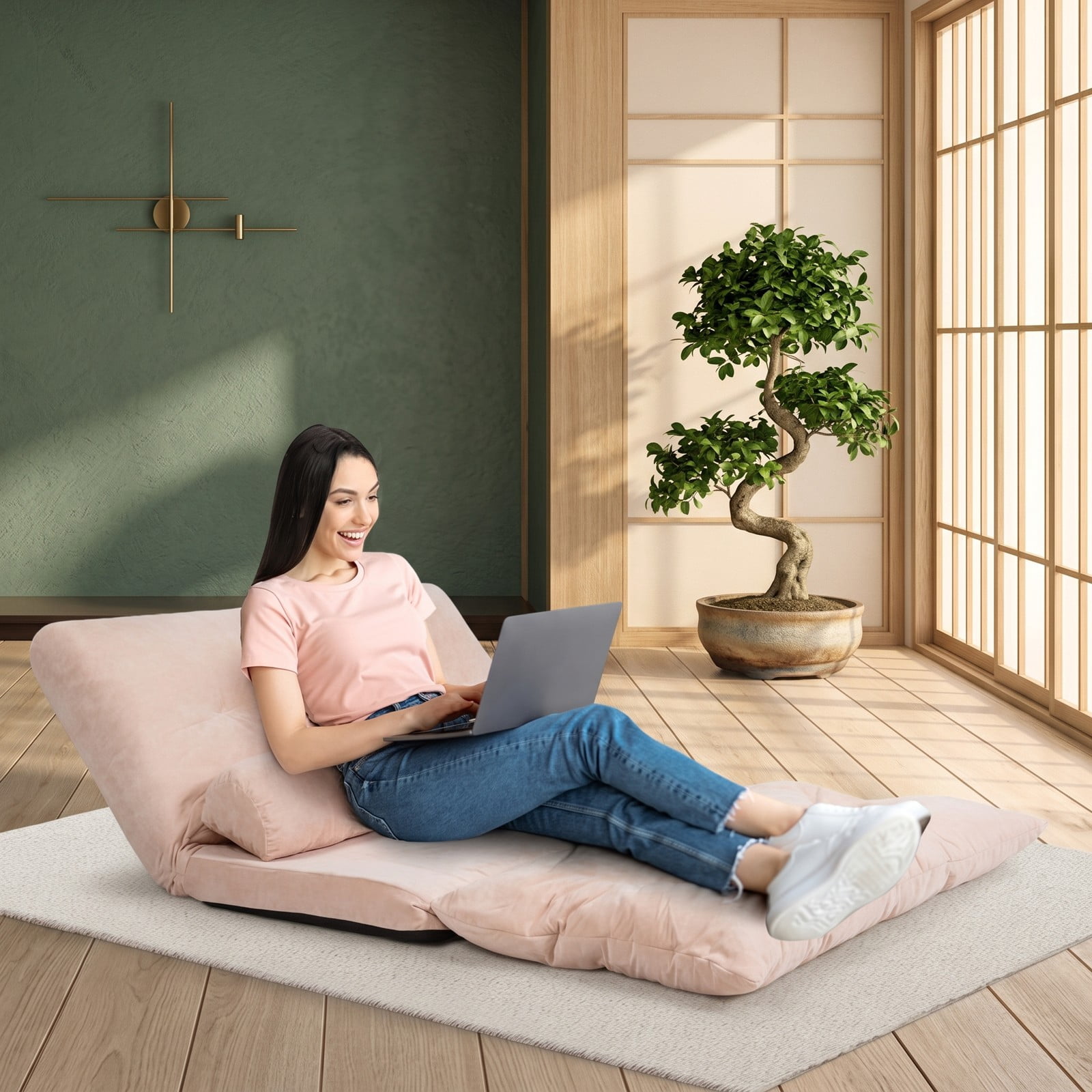 Furnibear 6-Position Adjustable Floor Sofa Bed, Foldable Sleeper Lounge Couch with 2 Pillows, Padded Corduroy Recliner Chair for Living Room Bedroom, 330 lbs, Beige
