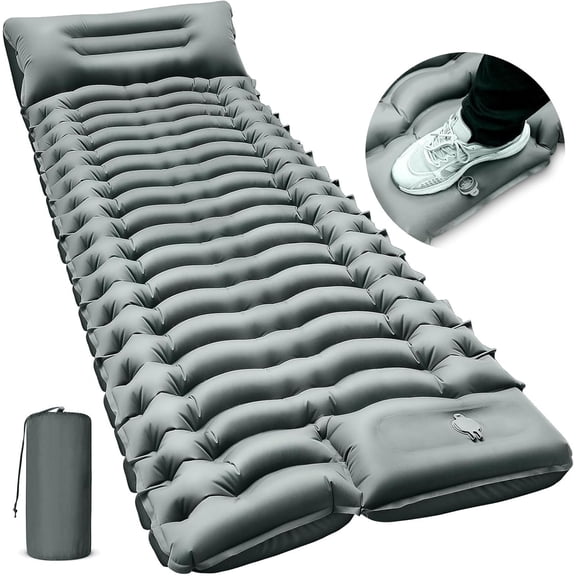 Ultralight Inflatable Sleeping Pad with Built-in Pillow and Foot Pump – Gray, Twin Size, Firm, 4 Inches Thick, Water Resistant