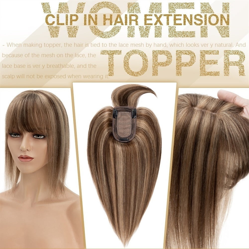 Hair Toppers for Women 6"-18" Real Human Hair with Bangs, 7x12.5cm Silk Base Clip In Hair Extension 150% Densiny Indian Hair Straight Hair Pieces
