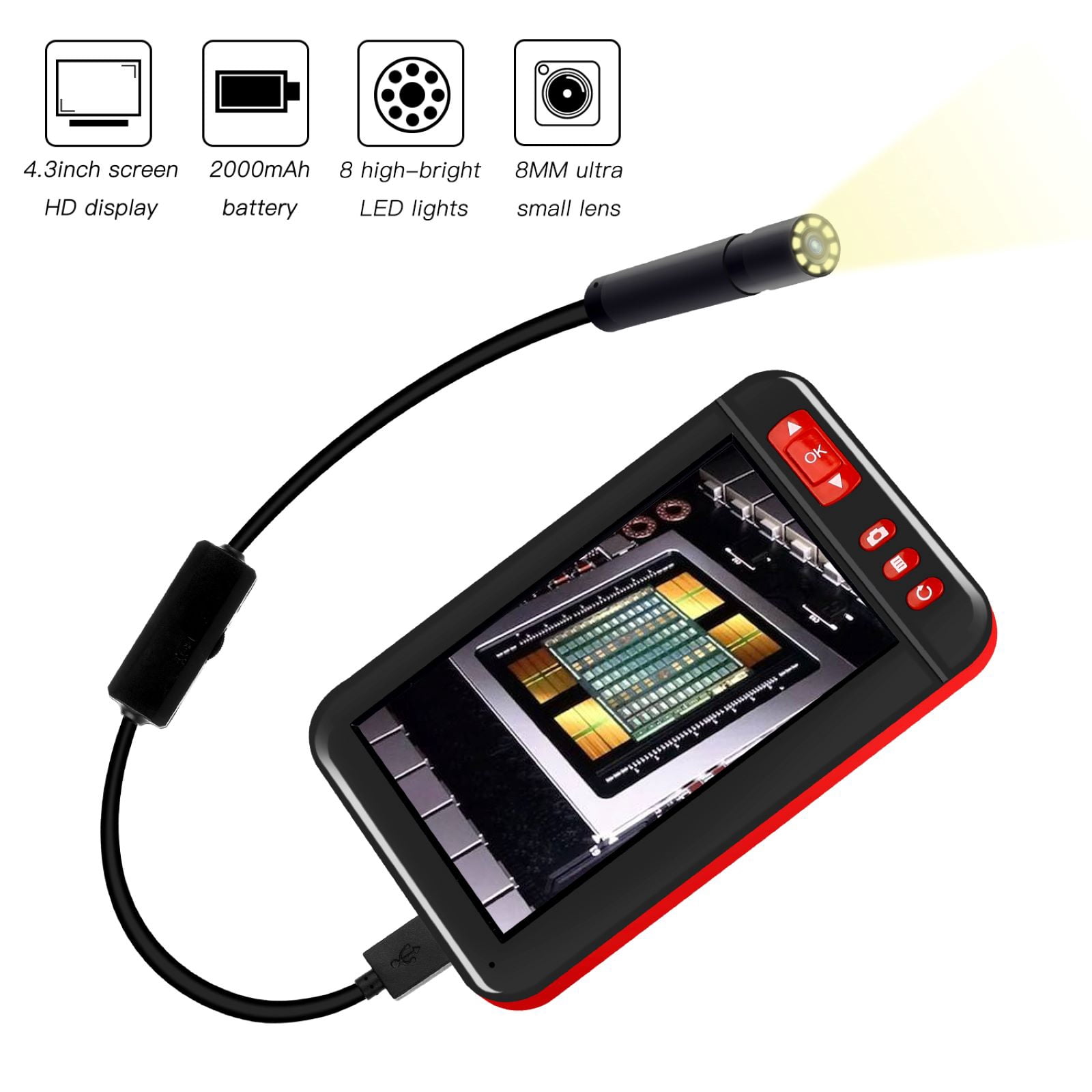 GUYUTING 1080P HD Waterproof Industrial Endoscope 4.3 LCD Screen 8mm 2M Flexible Cable Borescope Inspection Tool