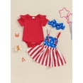 thumbnail image 2 of Nygoyerh Baby Girls 4th of July Outfit 0-18M Short Sleeve Solid Romper + Star Stripe Print Suspender Skirt + Headband 3Pcs Infant Toddler Summer Overall Skirts Sets, 2 of 9