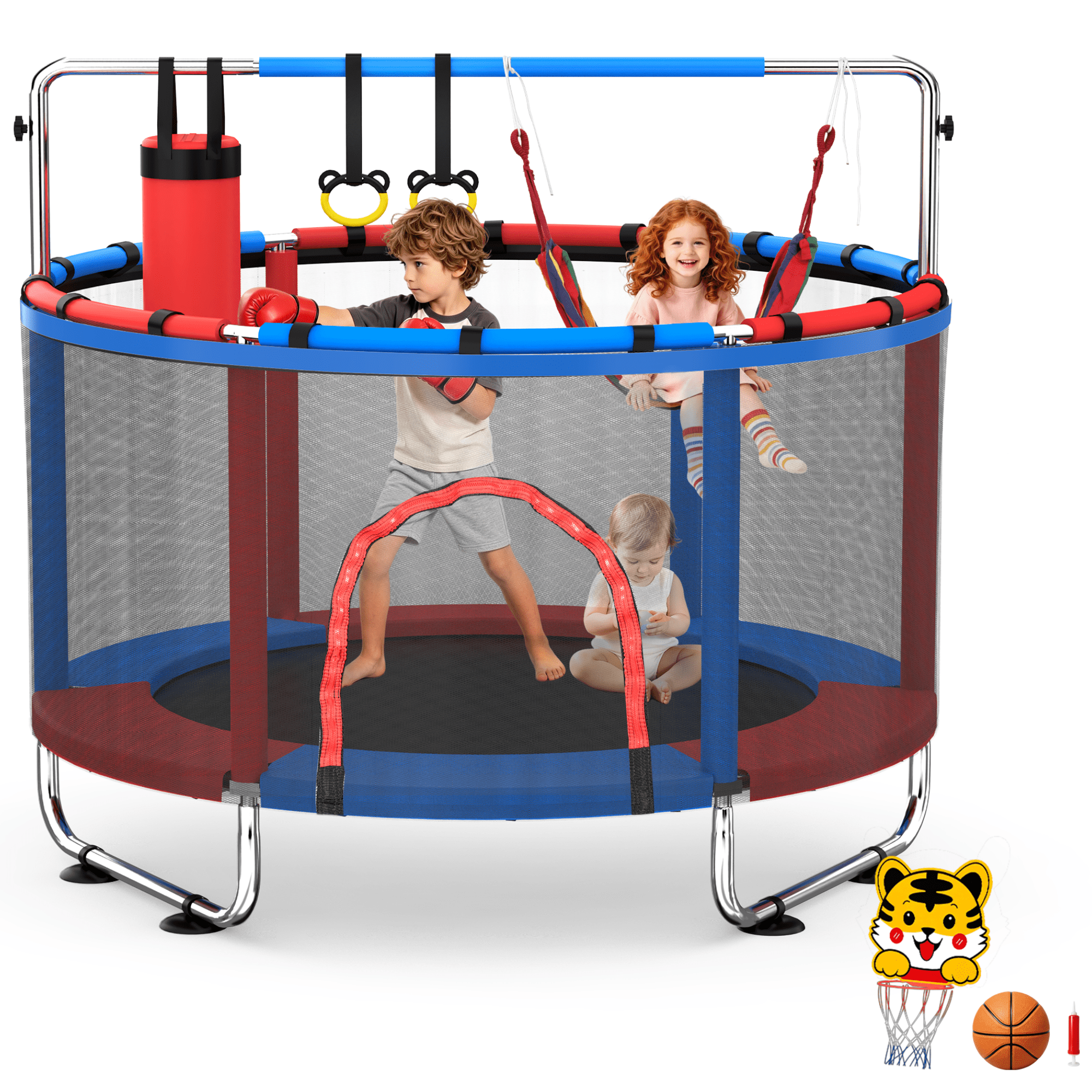 FEMCHIC 60 Kids Trampoline w/ Net Trampoline for Kids Age 3-10 Indoor Outdoor Adjustable Small Trampoline for Toddler w/ Swing and Basketball Hoop 400LBS Red & Blue